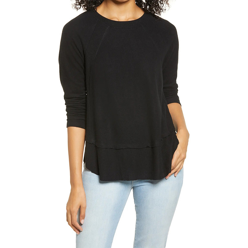Ribbed inset layered long sleeve tunic tops for women
