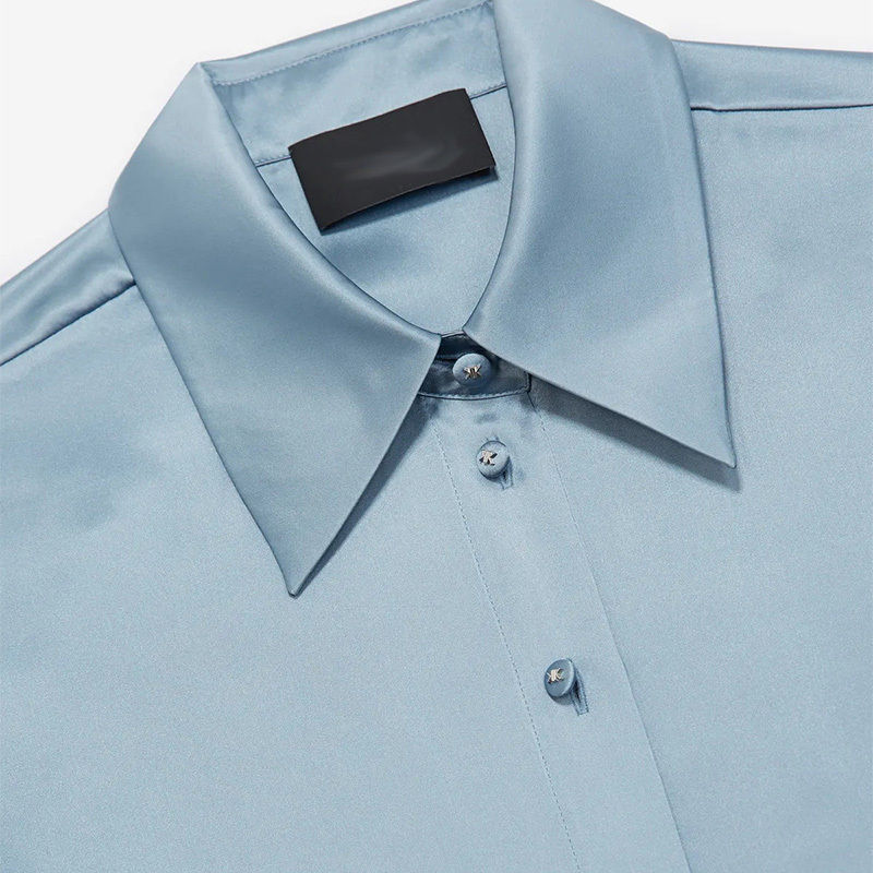 Classic buttoned blue silk shirt satiny black silk blouses
