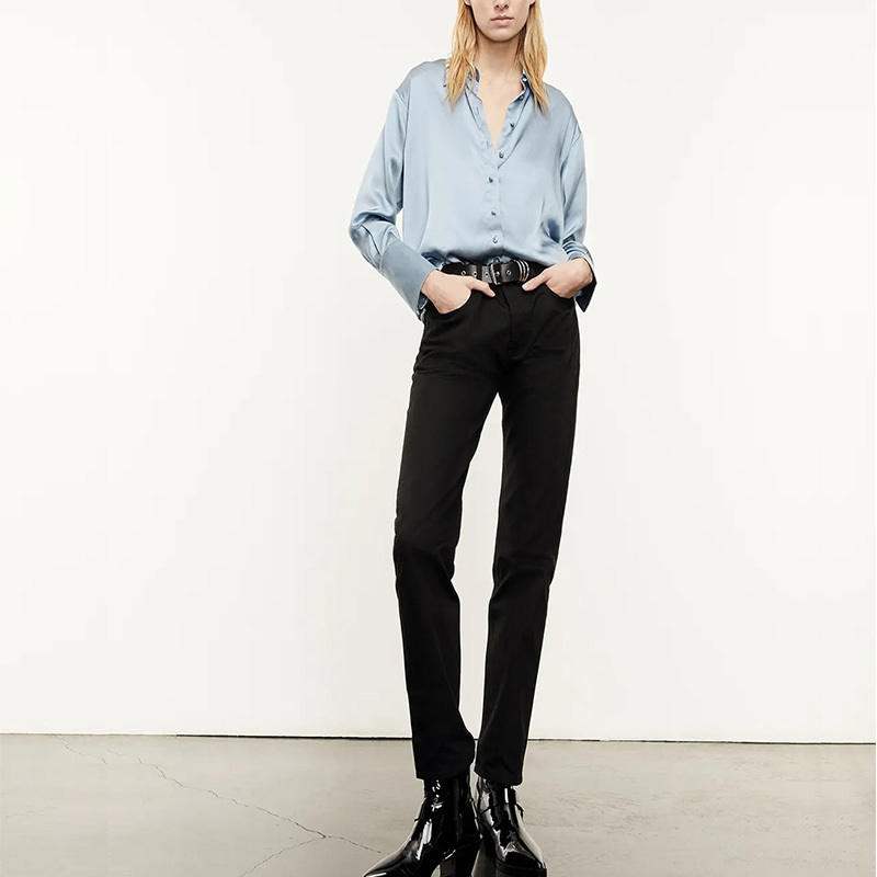 Classic buttoned blue silk shirt satiny black silk blouses