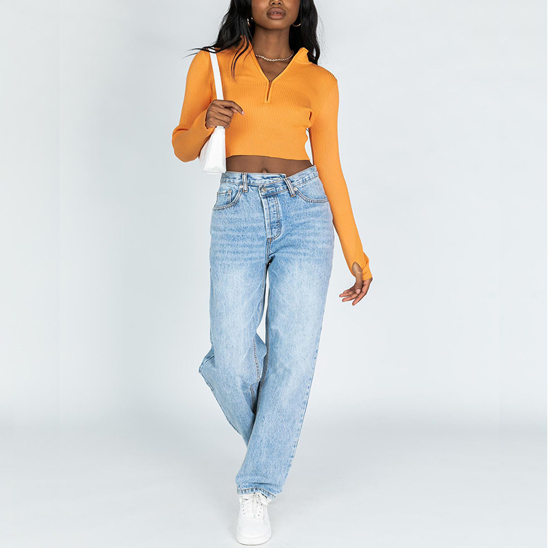 Ladies long sleeve half zip up ribbed crop top