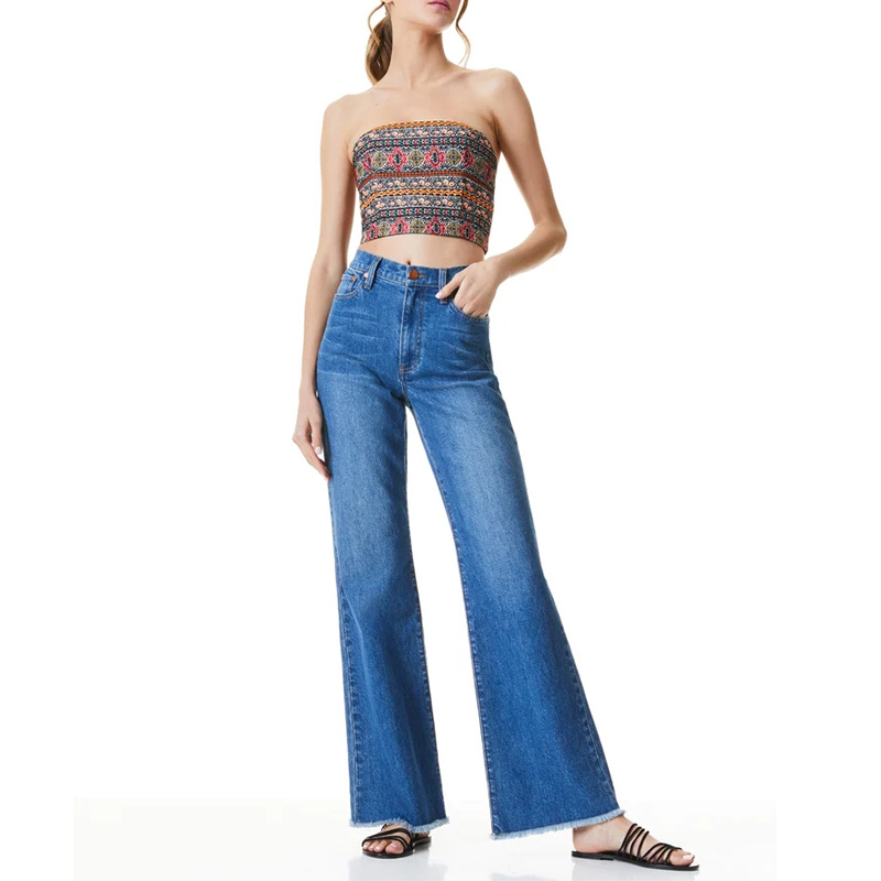 High waisted blue wide bootcut jeans pants for women