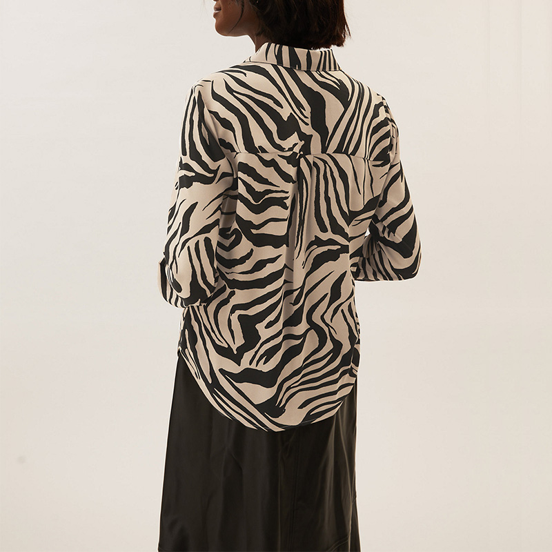 Zebra animal print collared long sleeve tops blouse for women