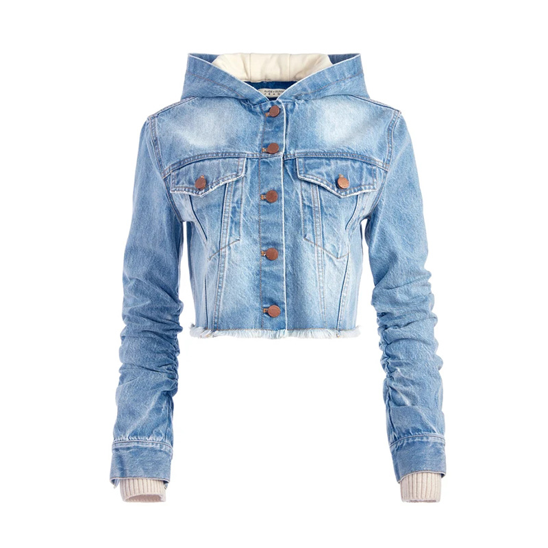 Scrunched sleeves hooded denim jacket womens