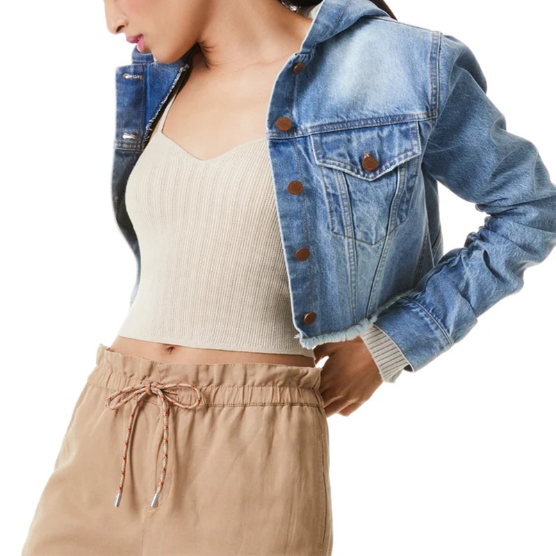 Scrunched sleeves hooded denim jacket womens