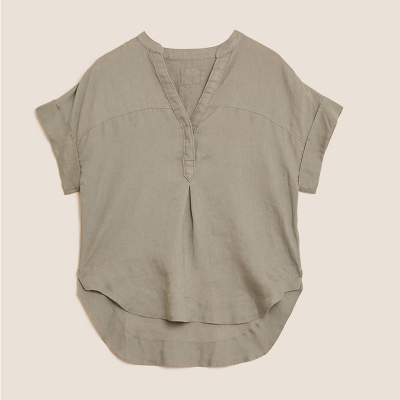 Womens washable linen V-neck short sleeve blouse