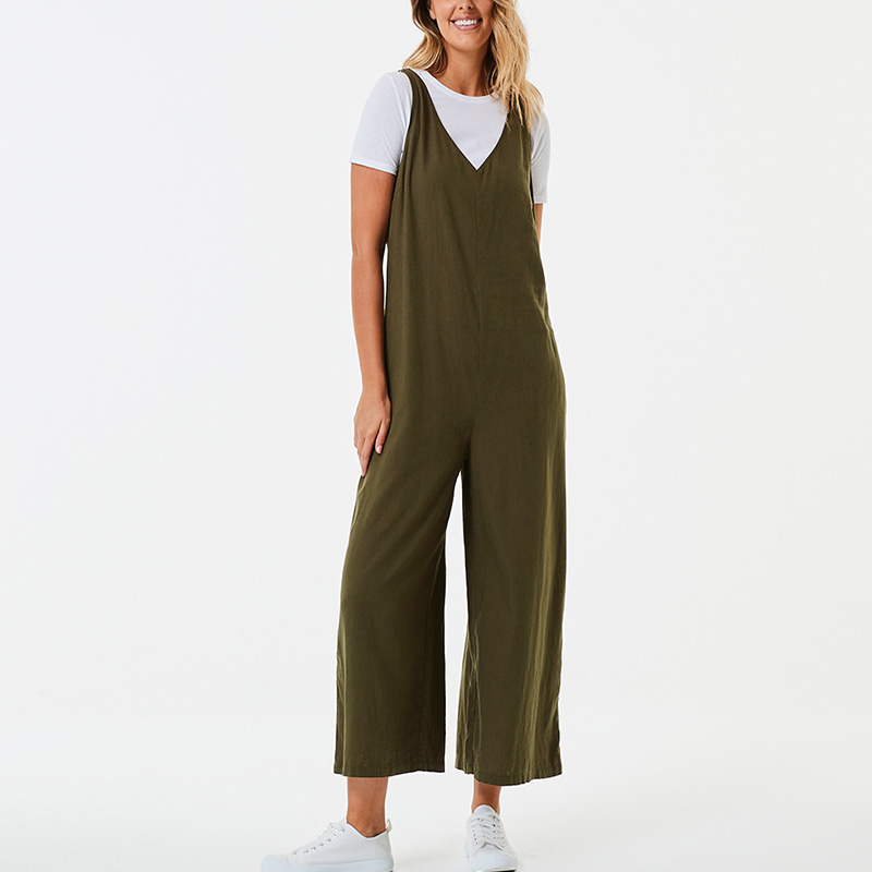 Sleeveless v-neck wide leg linen overalls womens