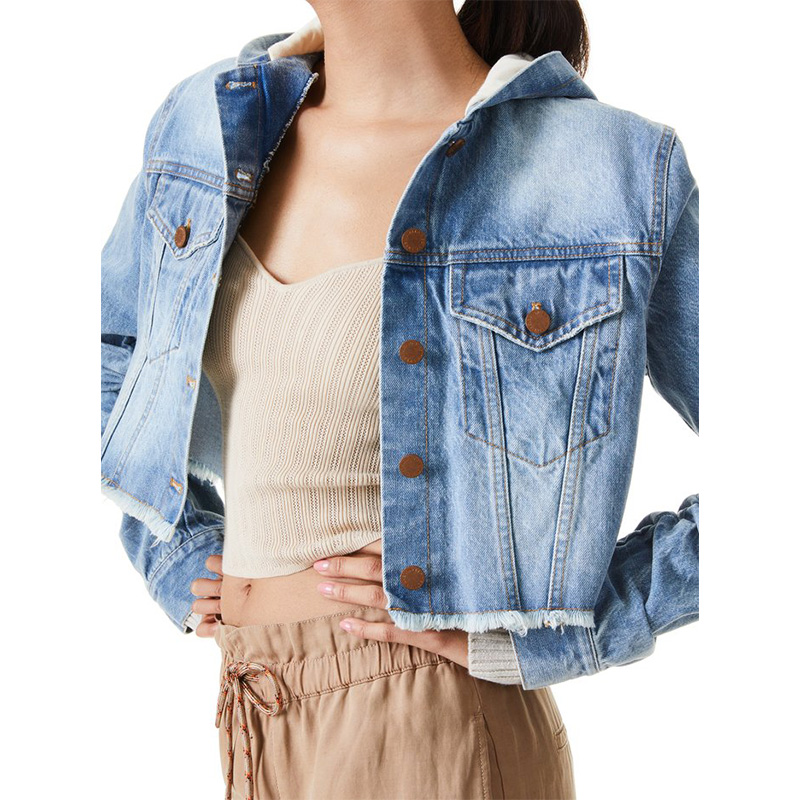 Scrunched sleeves hooded denim jacket womens