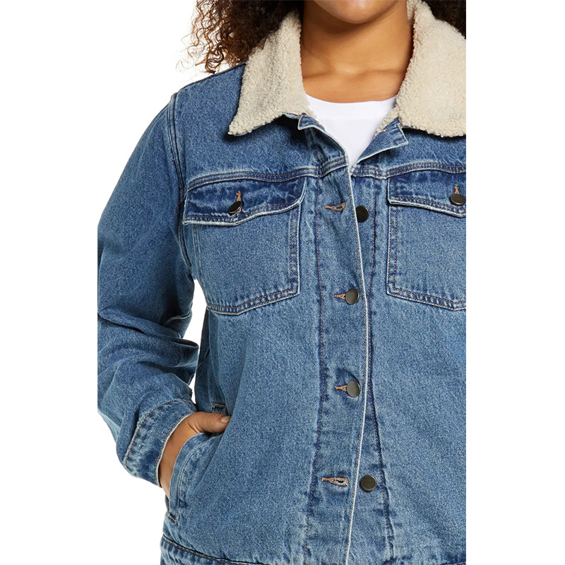 Womens denim trucker jacket with faux shearling Collar
