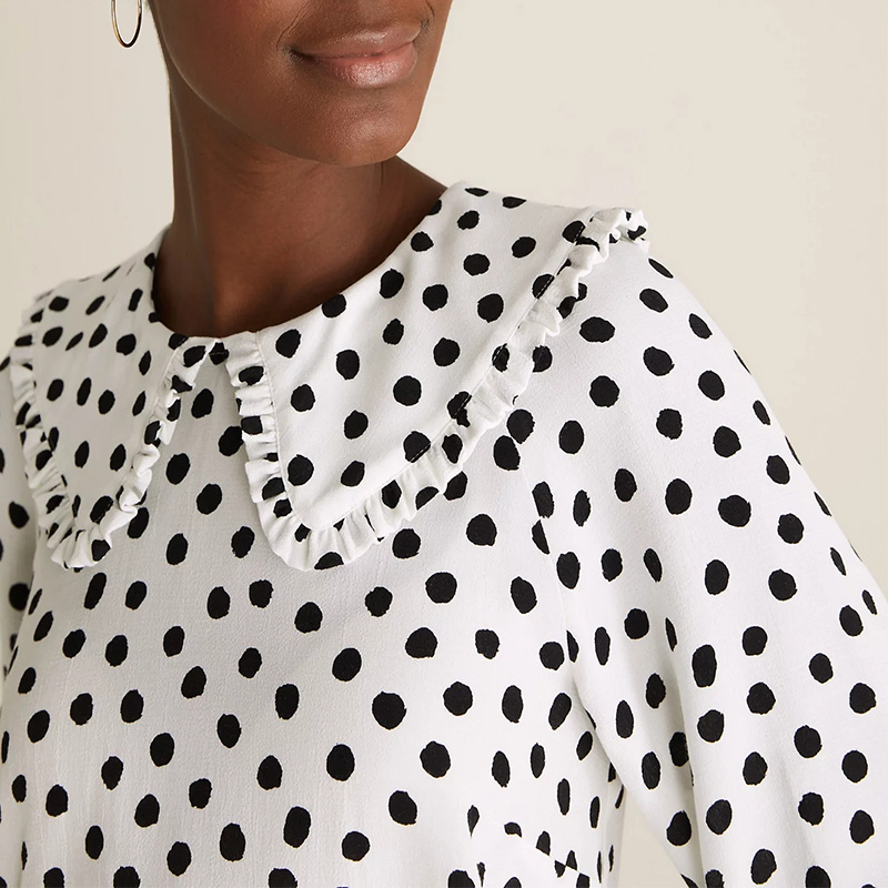 Womens white polka dot print doll collar ruffle blouse