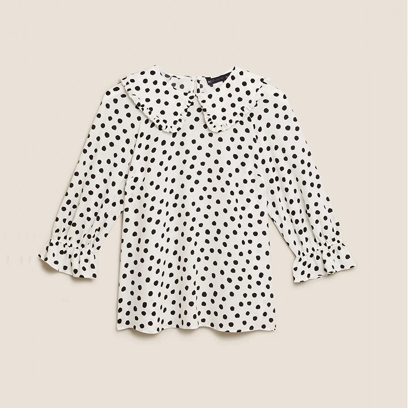 Womens white polka dot print doll collar ruffle blouse