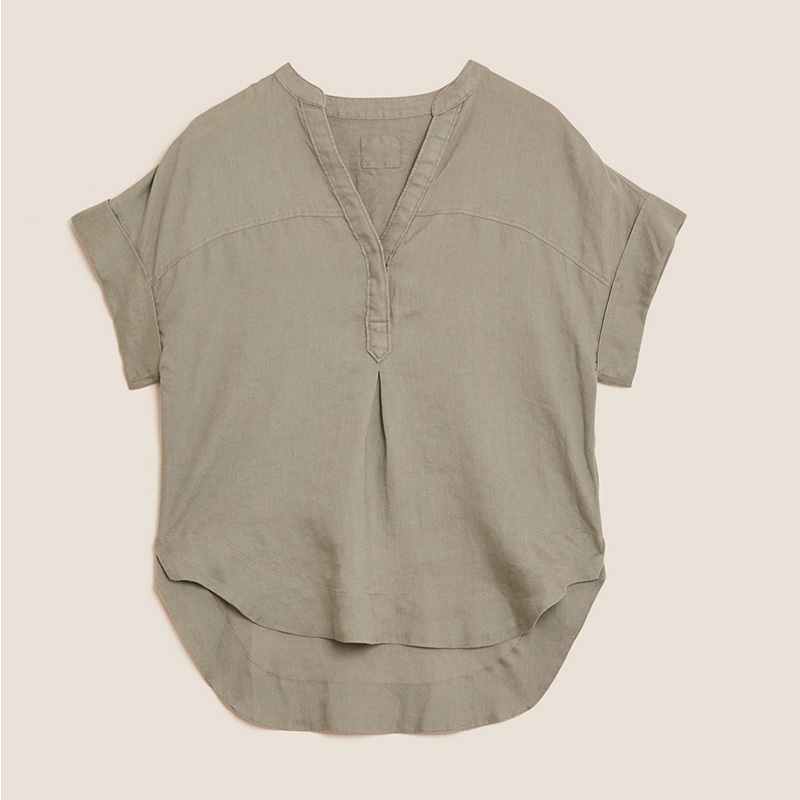 Womens washable linen V-neck short sleeve blouse