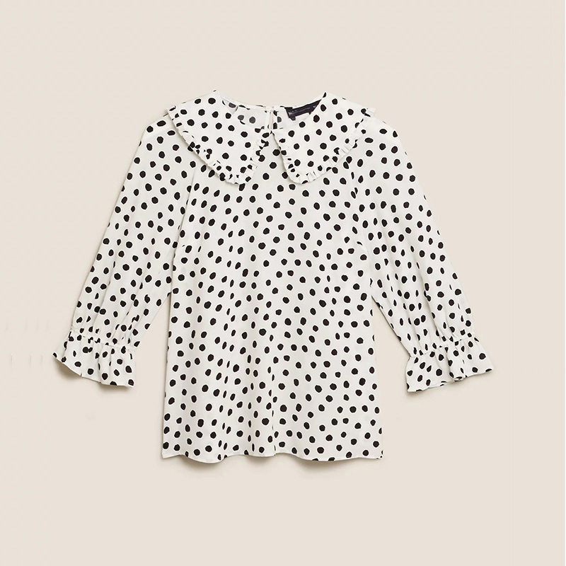 Womens white polka dot print doll collar ruffle blouse