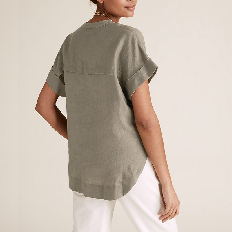 Womens washable linen V-neck short sleeve blouse