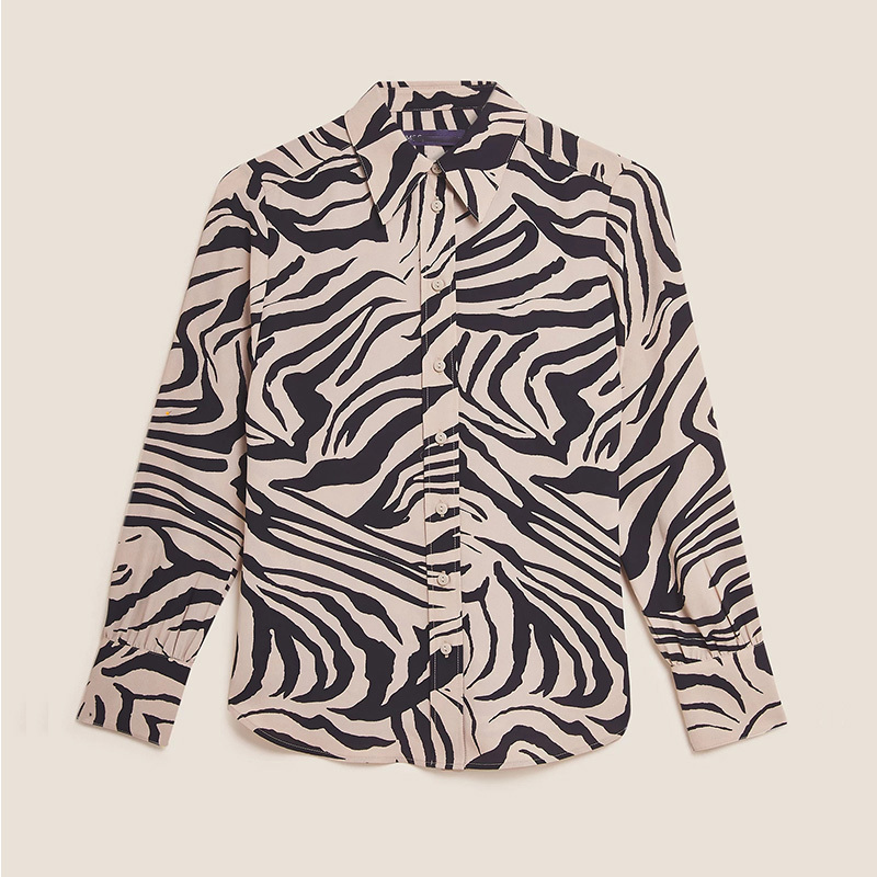 Zebra animal print collared long sleeve tops blouse for women