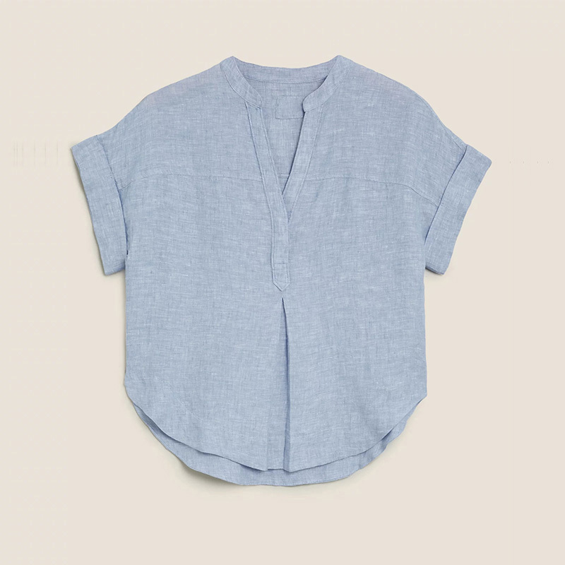 Womens washable linen V-neck short sleeve blouse