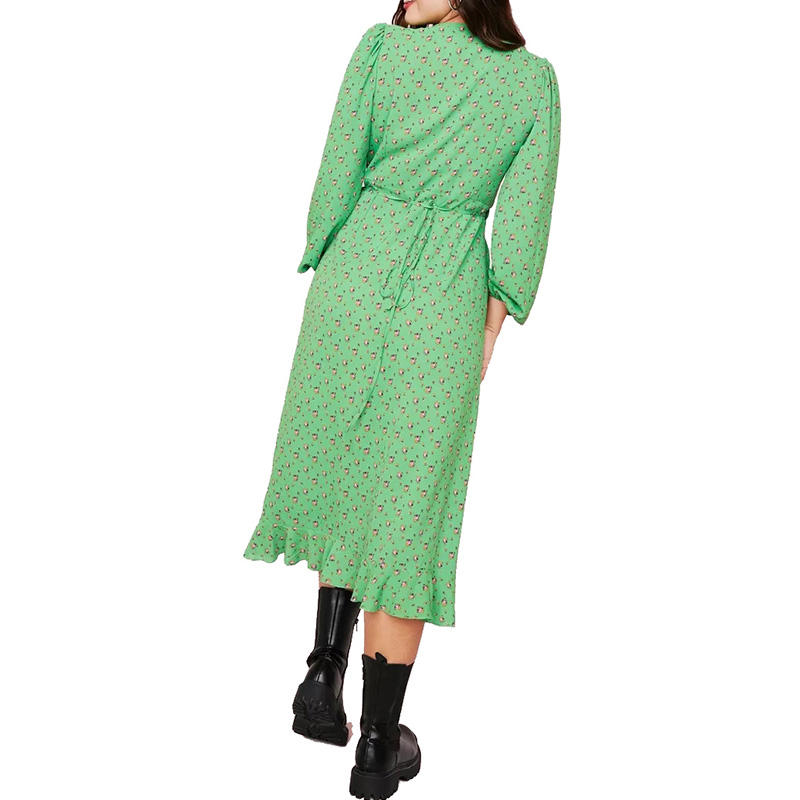 Womens long sleeve green floral printed wrap midi dress