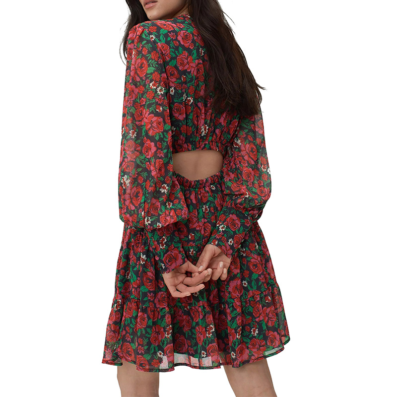 Ladies long sleeves tiered ruffle floral mini dress