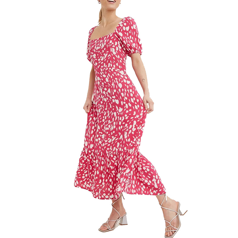 Womens pink floral print back lace up midi dress