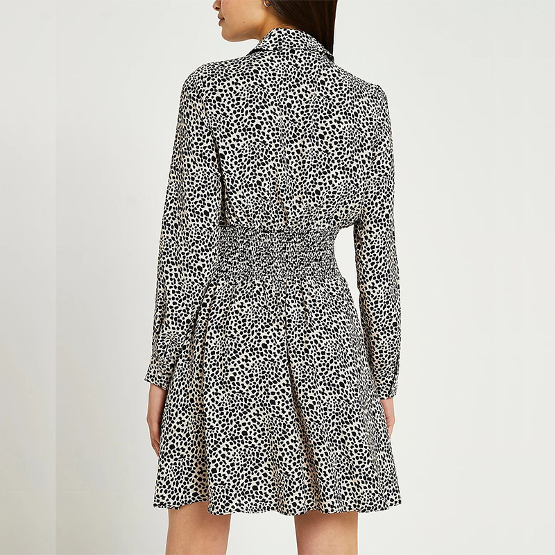 Womens long sleeves leopard print shirred shirt dress