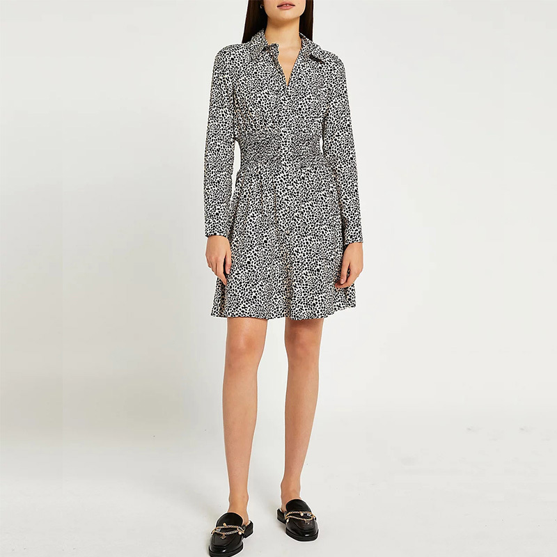 Womens long sleeves leopard print shirred shirt dress
