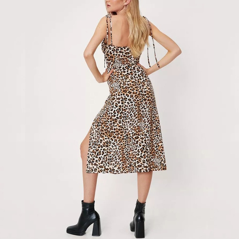 Leopard print slip split midi dress with high slit