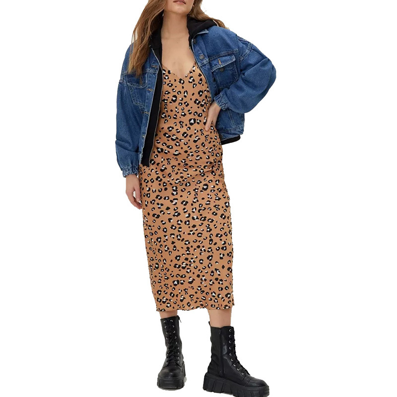 leopard print satin strappy midi dress