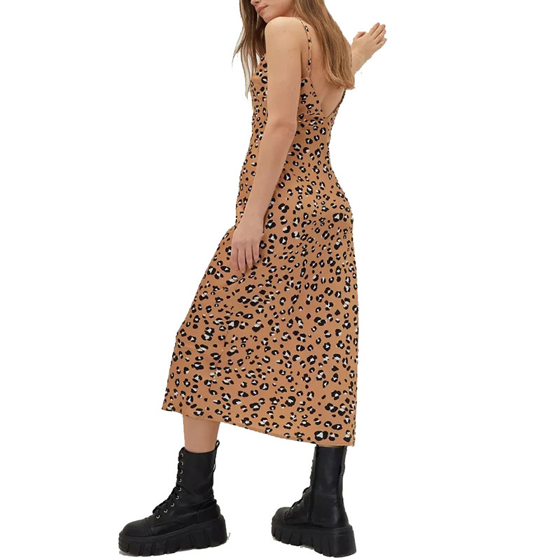 leopard print satin strappy midi dress