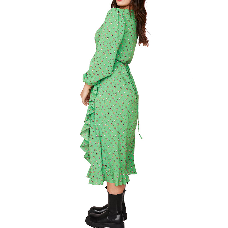 Womens long sleeve green floral printed wrap midi dress