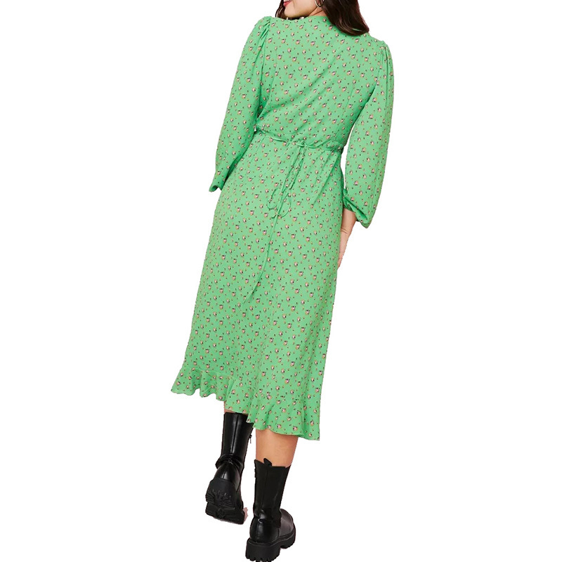 Womens long sleeve green floral printed wrap midi dress