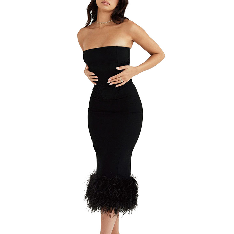 Black feather trim cocktail midi dress