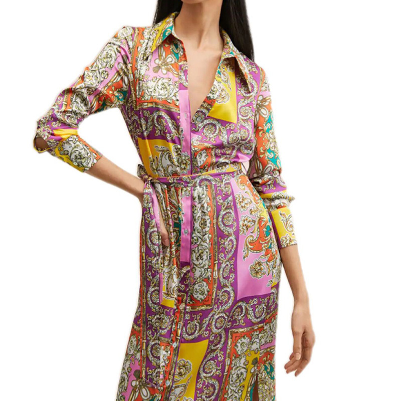 Long sleeve button down print midi shirt dress