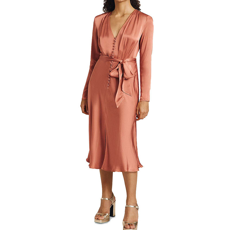 Brown satin button down midi dress