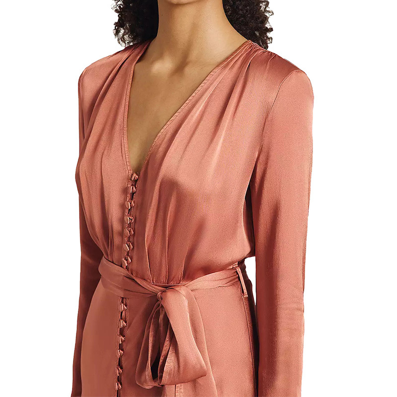 Brown satin button down midi dress