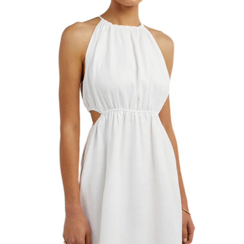 Womens halter neck sleeveless white linen midi dress