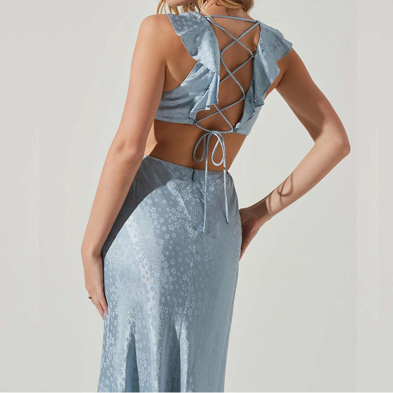 Ruffle trim satin silky lace up midi dress