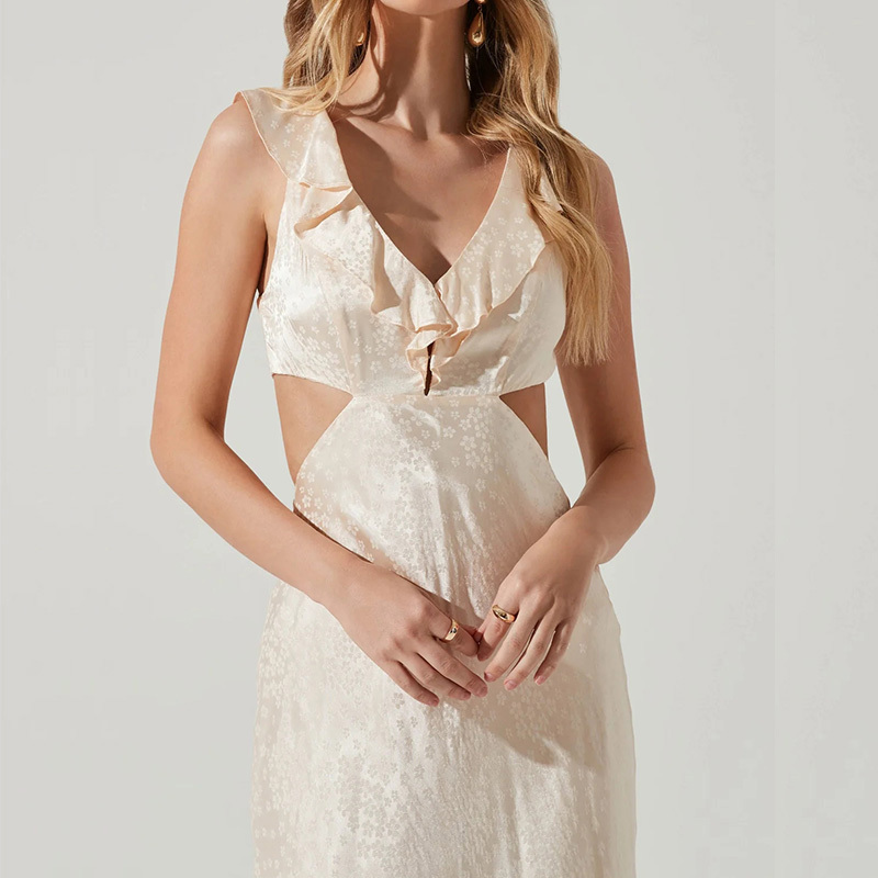 Ruffle trim satin silky lace up midi dress
