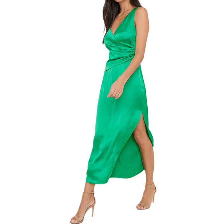 2023 new arrival V neck wrap side split long satin dress