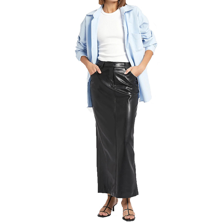 Ladies black long maxi leather skirt