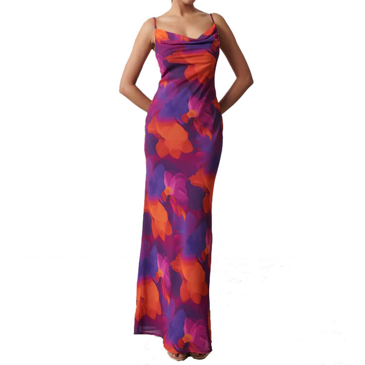 Ladies sleeveless cowl neck floral printed chiffon maxi dress