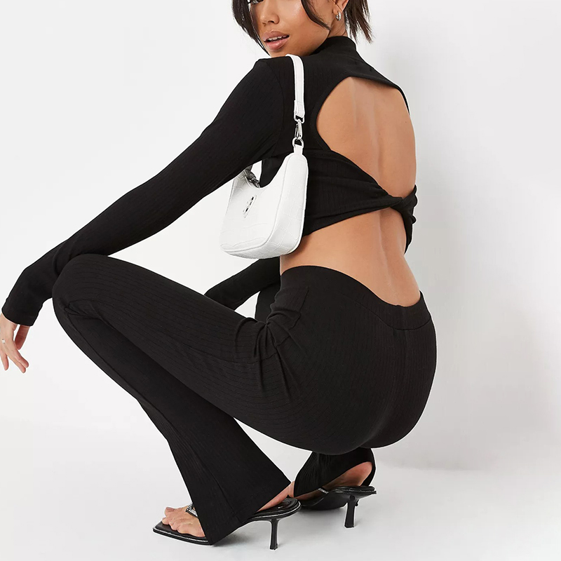 black rib open back crop t shirt and trousers co ord set