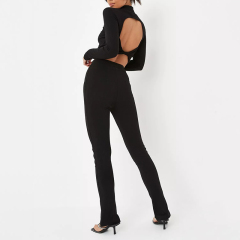 black rib open back crop t shirt and trousers co ord set