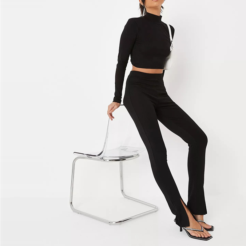 black rib open back crop t shirt and trousers co ord set