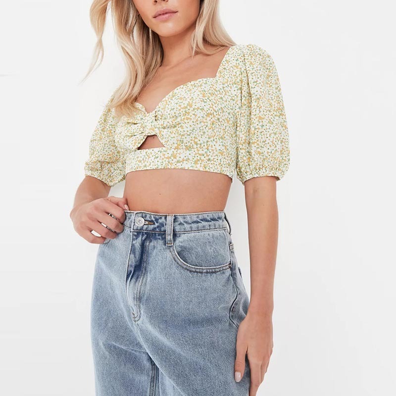 Petite Yellow Floral Crop Top with Puff Sleeves