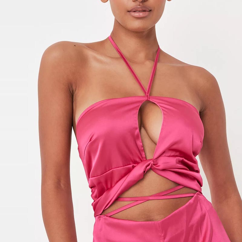 hot pink satin halterneck cut out jumpsuit