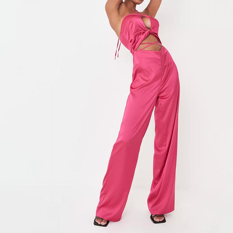 hot pink satin halterneck cut out jumpsuit