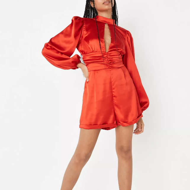 Red High Neck Cut Out Satin Playsuit