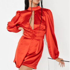 Red High Neck Cut Out Satin Playsuit