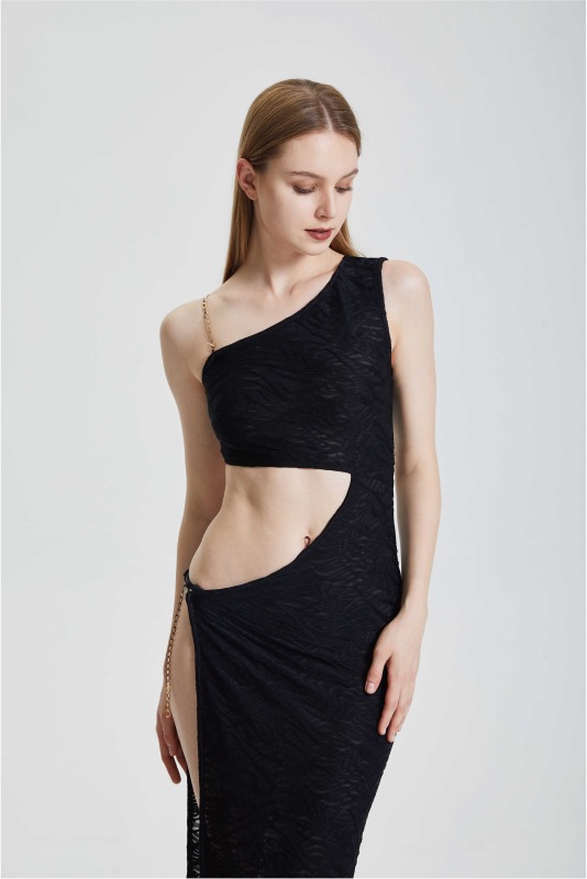 Sexy Diagonal Shoulder Fake Two Piece Slim Fit Hollow out High Waist Split Dress