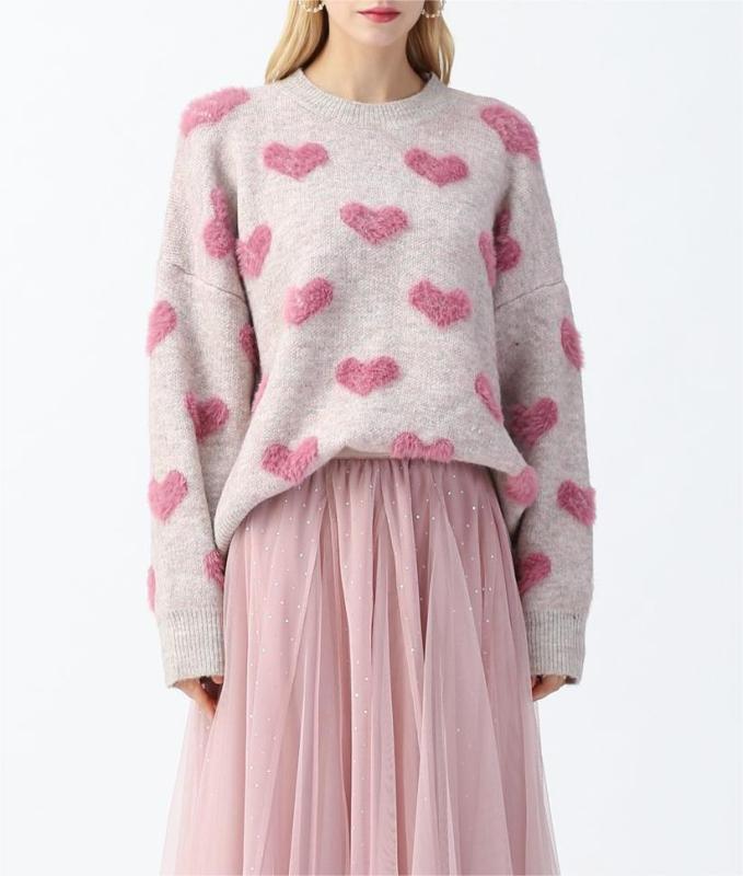 Cute plush heart knit sweater
