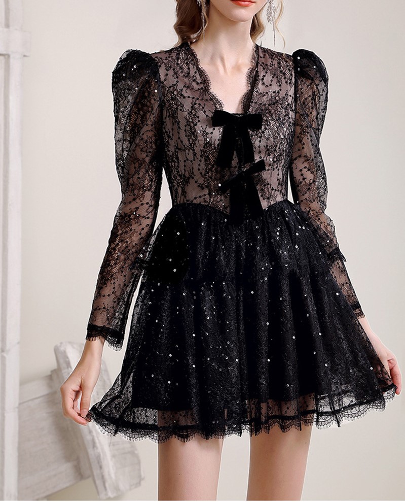 Black V-neck lace formal dress